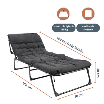 Leżanka ogrodowa leżak turystyczny regulowany łóżko plażowe + materac + poduszka 190x70x30cm szare