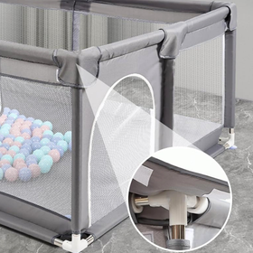 Kojec dla dziecka 200x140 cm XL – duży plac zabaw z siatką, wejście na zamek, uchwyty do nauki chodzenia, szary + torba transportowa