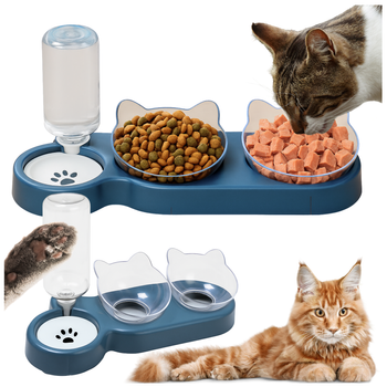Miska podwójna 3w1 dla psa i kota z dozownikiem wody 500 ml – niebieska
