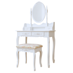 Toaletka drewniana biała z obrotowym lustrem i taboretem CALM