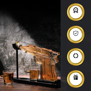 Karafka w kształcie pistoletu z kieliszkami – zestaw prezentowy do whisky