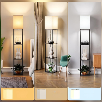 Lampa stojąca podłogowa LED 2w1 z półkami – regał 160 cm