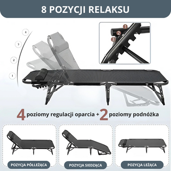 Leżanka ogrodowa leżak turystyczny regulowany łóżko plażowe + materac + poduszka 190x70x30cm szare