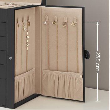 Szkatułka na biżuterię XXL czarna – organizer 6 poziomów, szuflady, panele