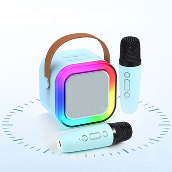 Przenośny zestaw karaoke Bluetooth z 2 mikrofonami i LED RGB – Magic Voice, niebieski