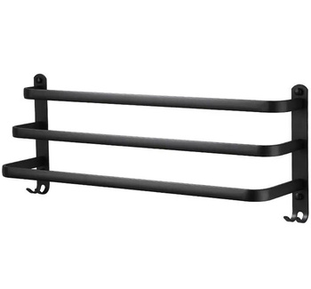 Metalowy wieszak łazienkowy loft – czarny mat, 3 ramiona i haczyki, 59 cm