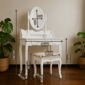 oaletka drewniana biała z obrotowym lustrem i taboretem CALM