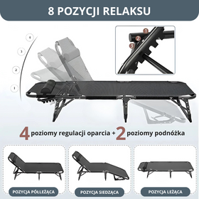 Leżanka ogrodowa leżak turystyczny regulowany łóżko plażowe + materac + poduszka 190x70x30cm szare
