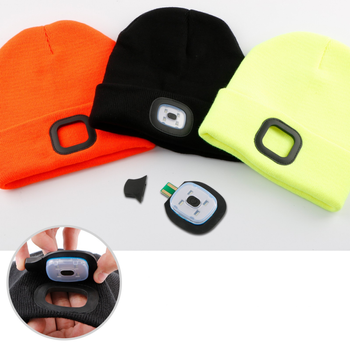 Ciepła czapka zimowa z latarką LED USB – 4 tryby, pomarańczowa