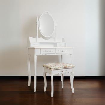 oaletka drewniana biała z obrotowym lustrem i taboretem CALM