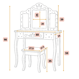 Toaletka drewniana Pink Dream dla dziewczynki z potrójnym lustrem i taboretem – różowa