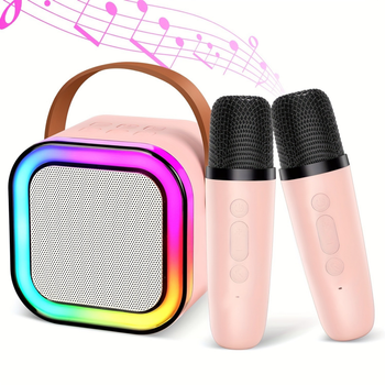 Przenośny zestaw karaoke Bluetooth z 2 mikrofonami i LED RGB – Magic Voice, różowy