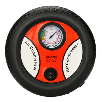 Kompresor Samochodowy 12V w Kształcie Koła, Zestaw Końcówek, Manometr, 260 PSI