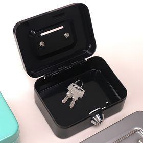 Metalowa kasetka na pieniądze z zamkiem i funkcją skarbonki – czarna mini sejf 8,5×11,5×5,5 cm