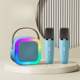Przenośny zestaw karaoke Bluetooth z 2 mikrofonami i LED RGB – Magic Voice, niebieski