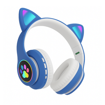 Bezprzewodowe słuchawki dla dzieci z kocimi uszami LED, bluetooth 5.0, FM, MP3 – Idealne na prezent niebieskie