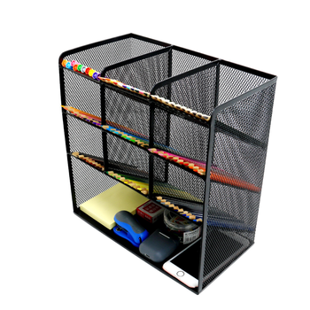 Metalowy organizer biurowy i kosmetyczny z 10 przegródkami – czarny, elegancki, 27×21×10 cm