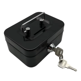 Metalowa kasetka na pieniądze z zamkiem i funkcją skarbonki – czarna mini sejf 8,5×11,5×5,5 cm