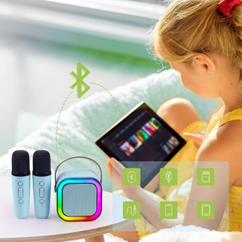 Przenośny zestaw karaoke Bluetooth z 2 mikrofonami i LED RGB – Magic Voice, niebieski