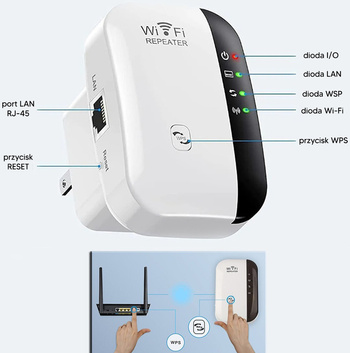 REPEATER Wzmacniacz Sygnału WLAN 2,4GHz sieciowy + kabel biały AK339