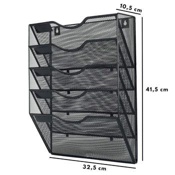Naścienny organizer na dokumenty A4 – metalowy, 5 półek, czarny