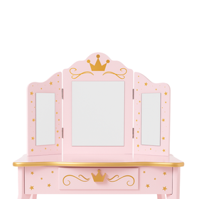 Toaletka drewniana Pink Dream dla dziewczynki z potrójnym lustrem i taboretem – różowa