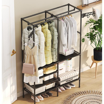 Czarny wieszak metalowy z półkami – stojak na ubrania 108×174 cm