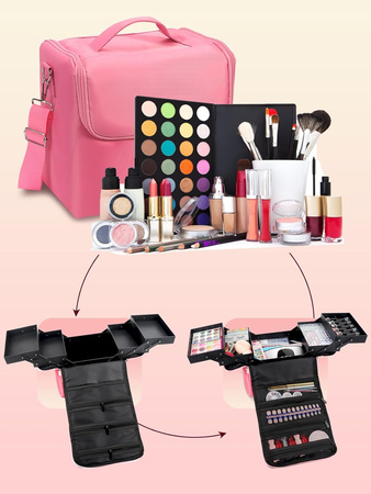 Organizer kosmetyczny różowy 24×28×19 cm – kuferek na makijaż z przegródkami różowy