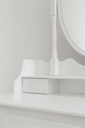 oaletka drewniana biała z obrotowym lustrem i taboretem CALM