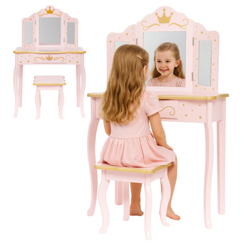 Toaletka drewniana Pink Dream dla dziewczynki z potrójnym lustrem i taboretem – różowa