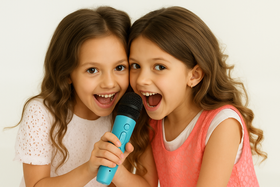 Przenośny zestaw karaoke Bluetooth z 2 mikrofonami i LED RGB – Magic Voice, niebieski