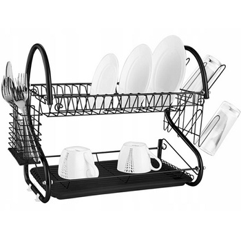 Dwupoziomowa suszarka do naczyń chromowana z ociekaczem i wieszakiem na szklanki