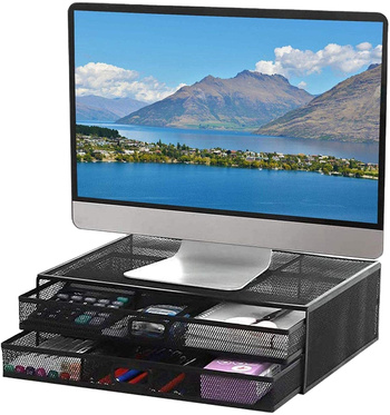 Metalowa podstawka pod monitor lub laptop z szufladami – czarna, wentylowana