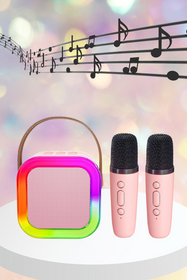 Przenośny zestaw karaoke Bluetooth z 2 mikrofonami i LED RGB – Magic Voice, różowy
