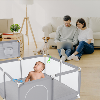 Kojec dla dziecka 130x130 cm – bezpieczny suchy basen, kojec z siatką, wejście na zamek, uchwyty do nauki chodzenia, szary + torba