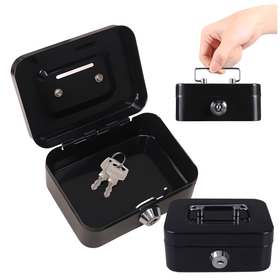 Metalowa kasetka na pieniądze z zamkiem i funkcją skarbonki – czarna mini sejf 8,5×11,5×5,5 cm