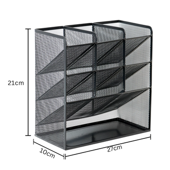 Metalowy organizer biurowy i kosmetyczny z 10 przegródkami – czarny, elegancki, 27×21×10 cm