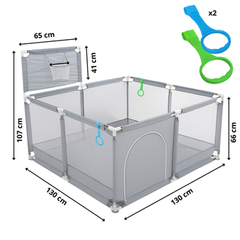 Kojec dla dziecka 130x130 cm – bezpieczny suchy basen, kojec z siatką, wejście na zamek, uchwyty do nauki chodzenia, szary + torba
