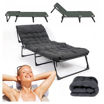 Leżanka ogrodowa leżak turystyczny regulowany łóżko plażowe + materac + poduszka 190x70x30cm szare