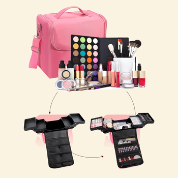 Organizer kosmetyczny różowy 24×28×19 cm – kuferek na makijaż z przegródkami różowy
