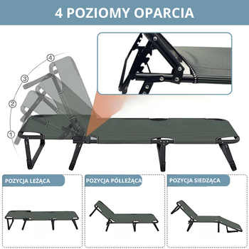 Leżanka ogrodowa leżak turystyczny regulowany łóżko plażowe + materac + poduszka 190x70x30cm szare