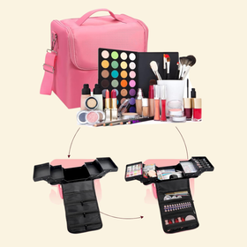 Organizer kosmetyczny różowy 24×28×19 cm – kuferek na makijaż z przegródkami różowy