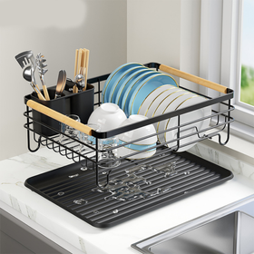 Ociekacz do naczyń z tacką i drewnianymi uchwytami – metalowy czarny