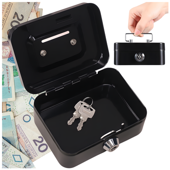 Metalowa kasetka na pieniądze z zamkiem i funkcją skarbonki – czarna mini sejf 8,5×11,5×5,5 cm
