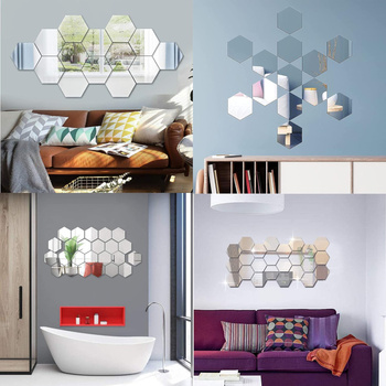 Zestaw 12 lustrzanych heksagonów ściennych – dekoracyjne akrylowe lustra 12 × 11 cm