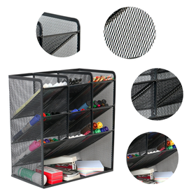 Metalowy organizer biurowy i kosmetyczny z 10 przegródkami – czarny, elegancki, 27×21×10 cm