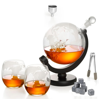 Zestaw do whisky – karafka globus 1000 ml, 2 szklanki, granitowe kostki XXL