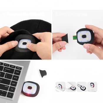 Ciepła czapka zimowa z latarką LED USB – 4 tryby, pomarańczowa