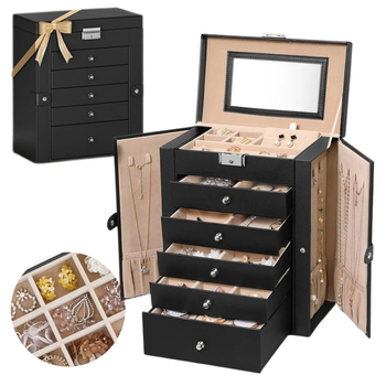 Szkatułka na biżuterię XXL czarna – organizer 6 poziomów, szuflady, panele