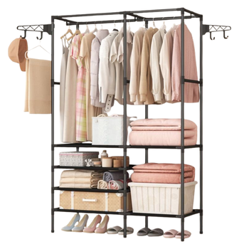 Czarny wieszak metalowy z półkami – stojak na ubrania 108×174 cm